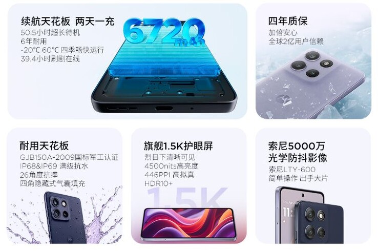 这款摩托罗拉智能手机拥有明亮的显示屏、IP 认证和多个摄像头（图片来源：联想）