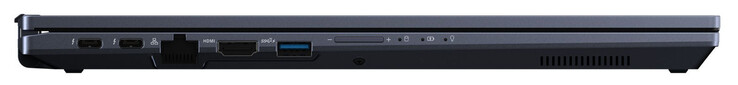 左侧：2个Thunderbolt 4（USB-C；Power Delivery，Displayport），千兆以太网，HDMI，USB 3.2 Gen 2（USB-A），音量摇杆