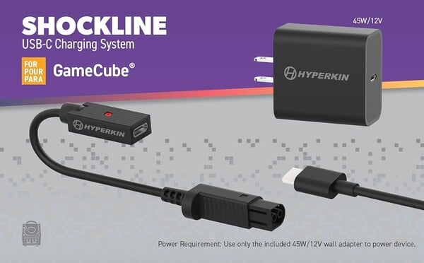 适用于 GameCube 的 Hyperkin Shockline 套件随附一个 45W USB-C 适配器。