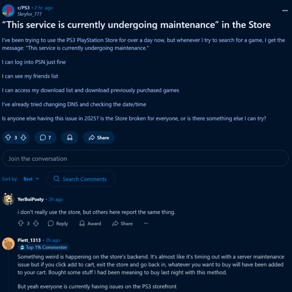 Reddit 上关于 PS3 PlayStation 商店宕机的帖子（图片来源：截图，PlayStation 3 subreddit）