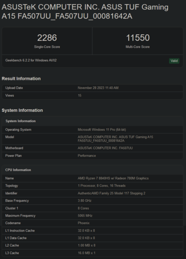 AMD Ryzen 7 8840 Geekbench 跑分（图片来自 Geekbench）