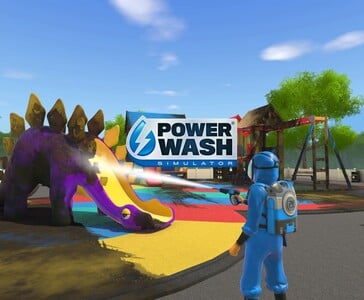 PowerWash Simulator》中的一名玩家使用高压清洗机清洗游乐场中的彩色恐龙滑梯。(图片来源:Square Enix Collective)