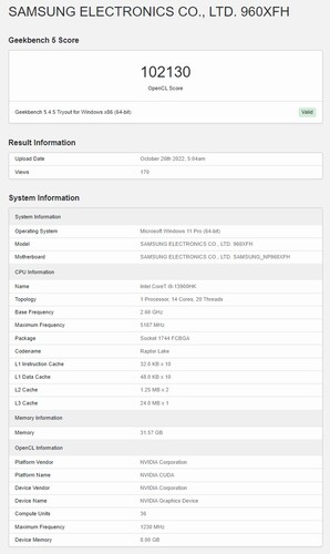 据称，三星Galaxy Book 3 Ultra配备Core i9-13900HK和RTX 4070的Geekbench OpenCL。(来源：Geekbench)