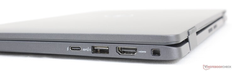 右边。USB-C + Thunderbolt 4 + Power Delivery + DisplayPort, USB-A 3.2 Gen. 1, HDMI 2.0, Wedge shaped lock