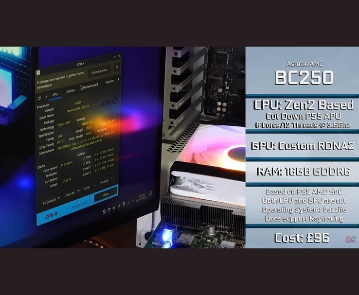 AMD BC250 在台式机上运行,显示系统规格。(图片来源:Budget-Builds Official via YouTube)