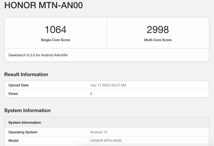 Honor X70 的 Geekbench 6 列表显示了出人意料的性能潜力。(图片来源：Geekbench）