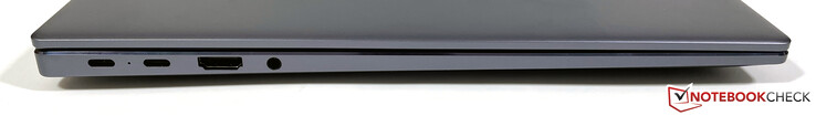 左边：2个USB-C 3.2 Gen.2（DisplayPort ALT模式，Power Delivery），HDMI 2.0，3.5毫米音频插孔