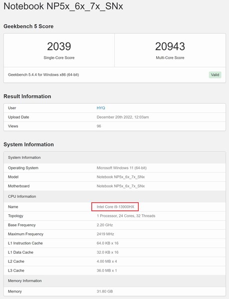 英特尔酷睿i9-13900HX。(图片来源：Geekbench)