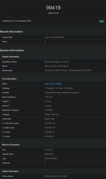 NvidiaGeForce RTX 4060 Vulkan性能（图片来自Geekbench）