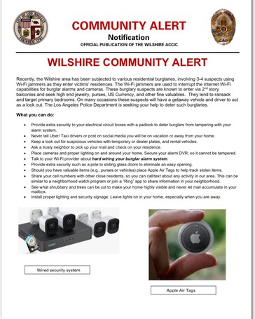 洛杉矶警察局警告业主，小偷会使用 Wi-Fi 干扰器轻易绕过家庭安全系统。(来源：洛杉矶警察局 X 频道）