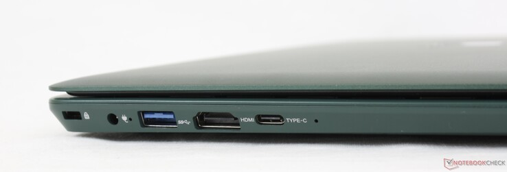 左边：Kensington锁，AC适配器，USB-A 3.0，HDMI，USB-C w/ DisplayPort和Power Delivery
