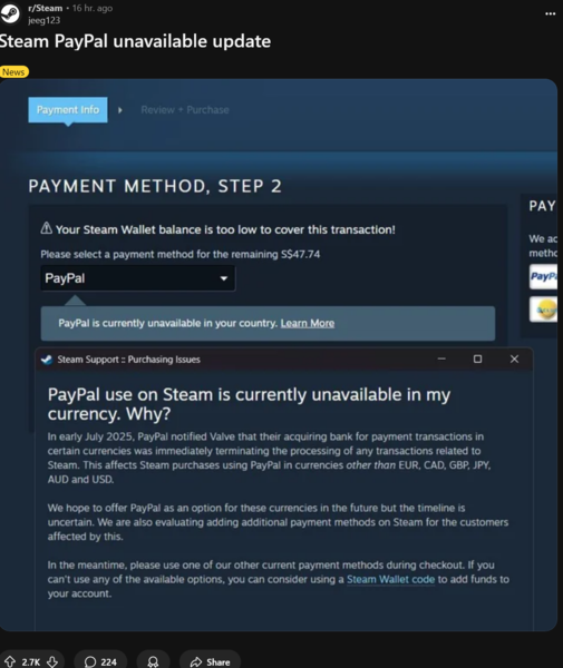 关于在结账时使用 PayPal 的 Steam 支持信息（图片来源：截图，Steam subreddit）