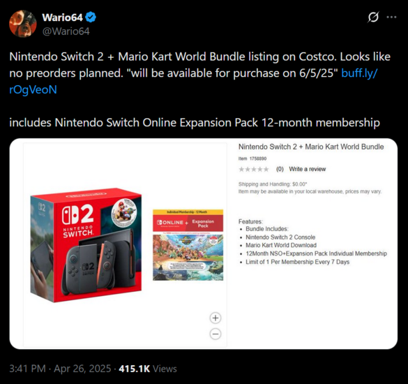Wario64 Costco Switch 2 Bundle X 帖子（图片来源：截图，Wario64 X 账户）