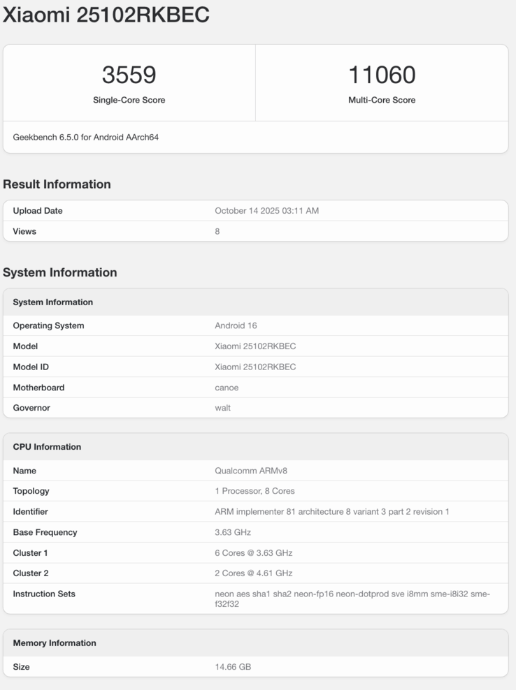 红米 K90 Pro 的 Geekbench 列表。(图片来源：Geekbench）