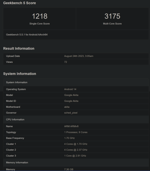 谷歌 Pixel 8a Geekbench 列表（图片来自 Geekbench）