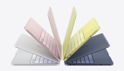 MacBook Neo 银色、腮红、柑橘色和靛蓝色