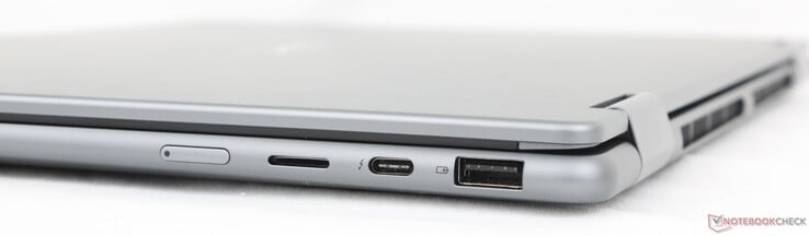 右侧电源按钮、MicroSD 读卡器、USB-C 4.0 w/ Thunderbolt 4、DisplayPort 2.1 + Power Delivery 3.0、USB-A 3.2 Gen.