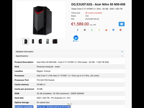 宏碁 Nitro 50 RTX 5060 游戏 PC 上市（图片来源：VideoCardz）