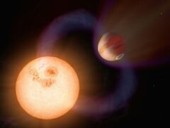 一张展示宇宙中一颗系外行星和一颗恒星的图片。