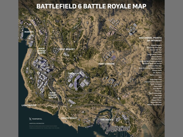 疑似《战地 6》皇家战场地图，含地点和兴趣点。(图片来源：Battlefield subreddit，via temporyal）