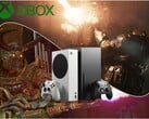 即将推出的Xbox独占游戏《战争机器:E-Day》和《发条革命》,配有Xbox Series主机及标志。