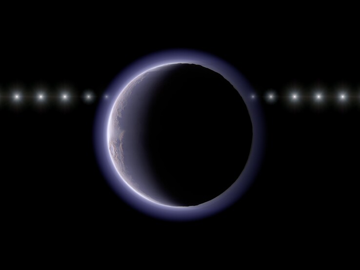 一幅艺术家绘制的插图，显示 2002 XV 93 从一颗恒星前经过。