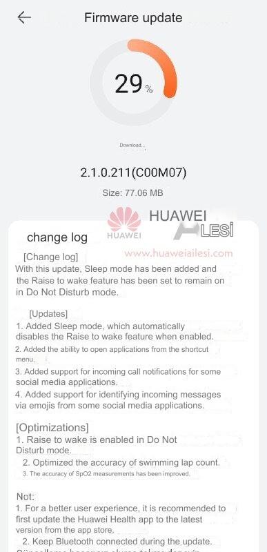 华为 Watch Fit 2 软件 2.1.0.211 版本更新日志。(图片来源：Huawei Ailesi with Google Translate）