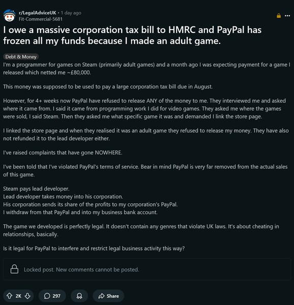 PayPal 与成人游戏程序员的纠纷 Reddit 帖子（图片来源：截图，Legal Advice UK subreddit）