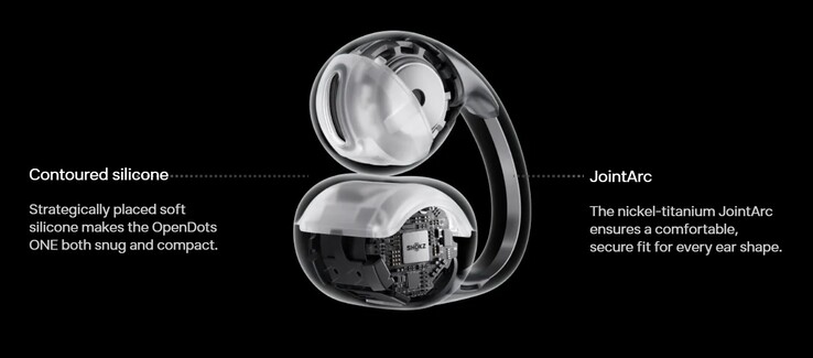 Shokz OpenDots ONE 耳塞在 JointArc 耳塞带中使用了镍钛金属，可在激烈运动时将其牢牢固定在耳朵上。(图片来源：Shokz）