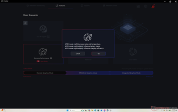 如果尝试启用 Apex 模式,弹出窗口将警告用户风扇噪音温度会升高。