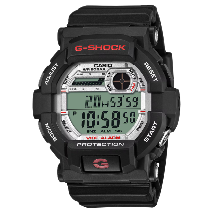 G-Shock GD-350S 的正面视图,展示了其黑色表壳和数字显示屏。