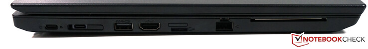 Left: USB-C Gen.1, side-dock connector (USB-C Gen.1 + network), USB 3.1 Type-A, HDMI 1.4b, nano-SIM, microSD, RJ45, SmartCard