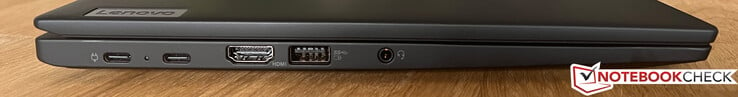 左：2x USB-C 4.0（40 GBit/s、Power Delivery 3.0、DisplayPort Alt Mode 1.4）、HDMI 2.1、USB-A 3.2 Gen.1（5 GBit/s、供电）、3.5 mm 音频