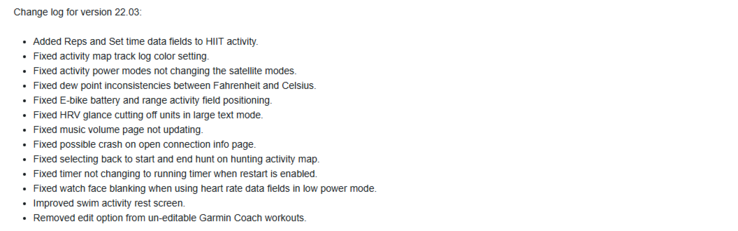 Garmin Fenix 7 测试版 22.03 更新的发布说明（图片来源：Garmin）