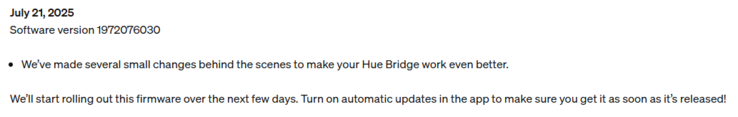 飞利浦 Hue Bridge 固件版本 1972076030 的发布说明。(图片来源：飞利浦 Hue）