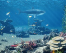 InZOI Island Getaway 免费 DLC 浮潜截图，显示浅水中的鲨鱼和鱼类