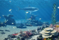 InZOI Island Getaway 免费 DLC 浮潜截图，显示浅水中的鲨鱼和鱼类