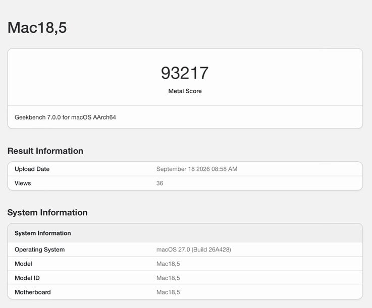 Geekbench 测试结果显示,12 核 Apple M6 GPU 表现令人印象深刻