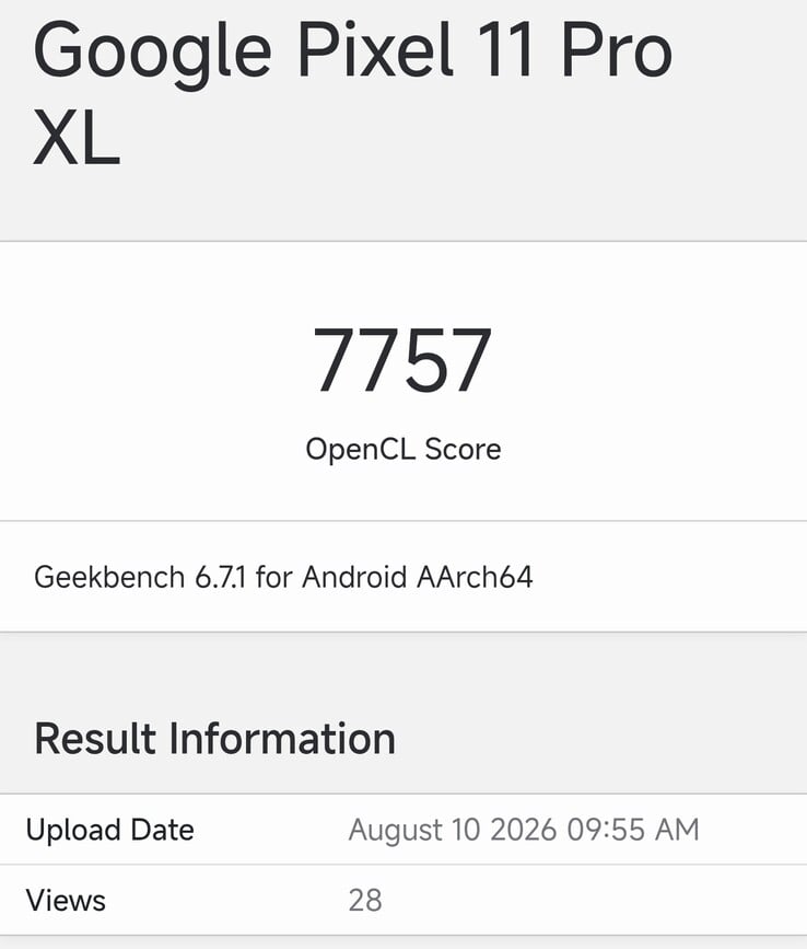 Geekbench 计算测试中的 Pixel 11 Pro XL