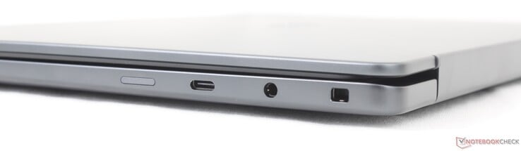 正确:SIM卡槽(可选)、USB-C 3.2 Gen. 2(20 Gbps)带DisplayPort 1.4 + 电源传输、3.5毫米耳机接口、Noble锁