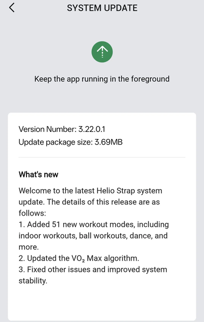 Amazfit Helio Strap 的更新日志显示,该设备正在接收 v3.22.0.1 版本的更新