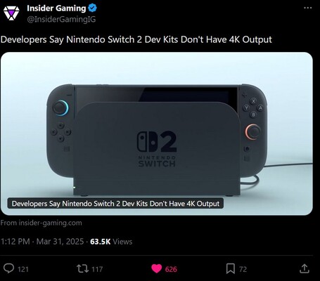 Insider Gaming Switch 2 开发套件缺少 4K X 帖子（图片来源：截图，Insider Gaming X 账户）