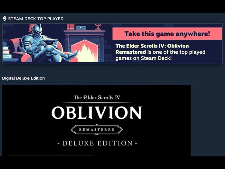 一张Steam广告横幅的截图,该广告将《上古卷轴IV:湮没 重制版》宣传为Steam Deck上最受欢迎的游戏之一。