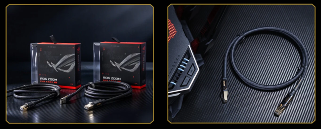 Asus ROG Zoom。高密度编织护套可防止线缆磨损和拉扯,RJ-45 接头则采用镀金铜屏蔽层。