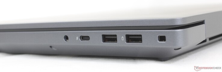 右：3.5 毫米耳机、USB-C Thunderbolt 4 (40 Gbps) w/ DisplayPort 2.1 + Power Delivery、USB-A 3.2 Gen.1、锁槽