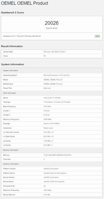 配备酷睿i7-13700H和16GB内存。(来源：Geekbench)