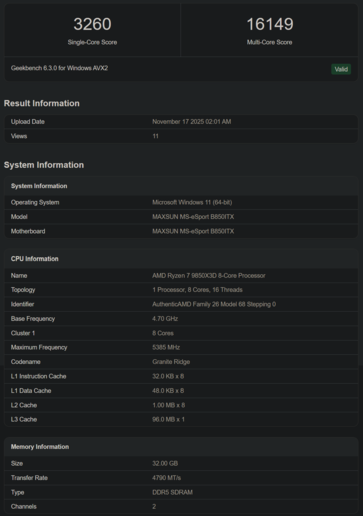 Ryzen 7 9850X3D Geekbench 列表（图片来源：Geekbench）