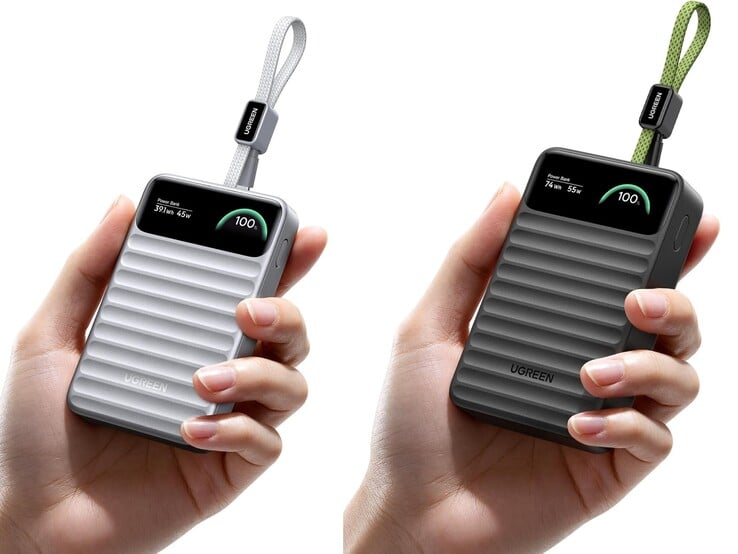左侧:银色的 10,000mAh 版本。右侧:黑色的 20,000mAh 型号。