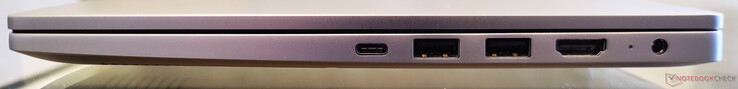右边。USB 3.1 Gen1 Type-C, 2x USB 3.1 Gen1 Type-A, HDMI 1.4b-out, 电源指示灯, 充电接口