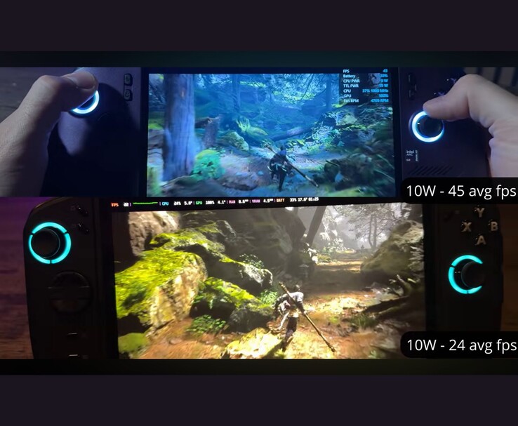 微星（MSI）Claw 8 AI+和联想（Lenovo）Legion Go 2在10瓦功耗下运行《黑神话：悟空》，帧率分别为45帧/秒和24帧/秒。